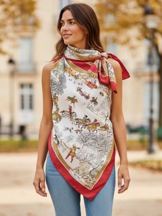 Hermes Accessories - Hermes Red and Gold Equestrian Scarf